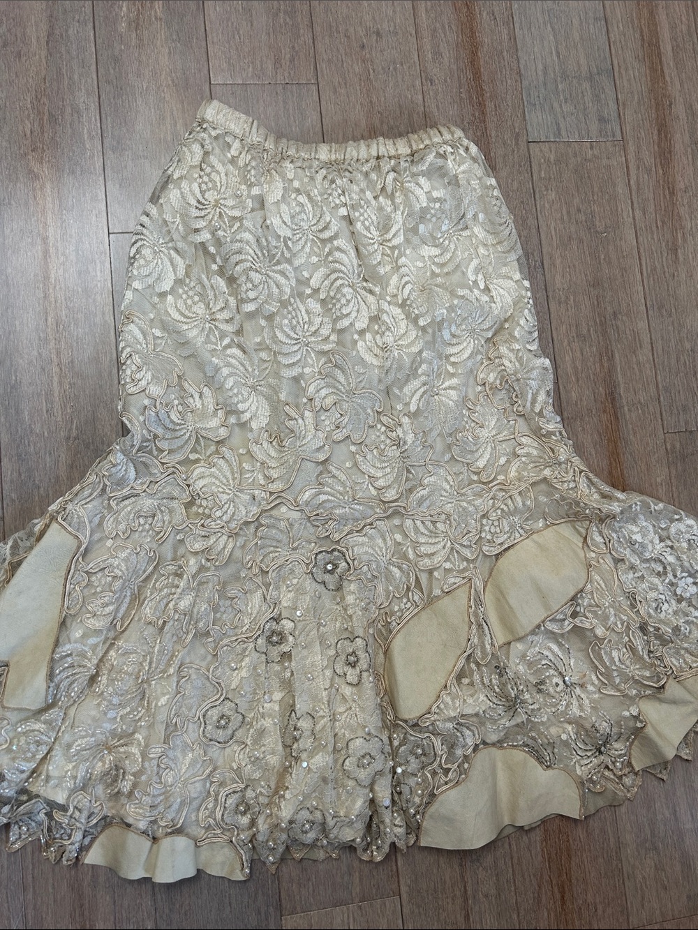 VTG lace suede layered beaded midi Floral Mermaid Skirt - Cream size M - Picture 2 of 14